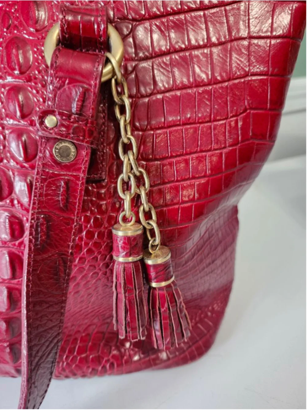 Women's Brahmin Red Croc Embossed Leather Tote Bag One Size